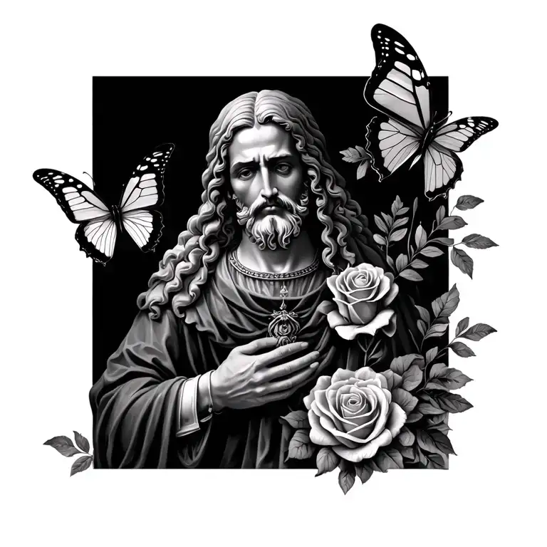 saint Jude Thaddeus with butterflies and roses  tattoo design idea