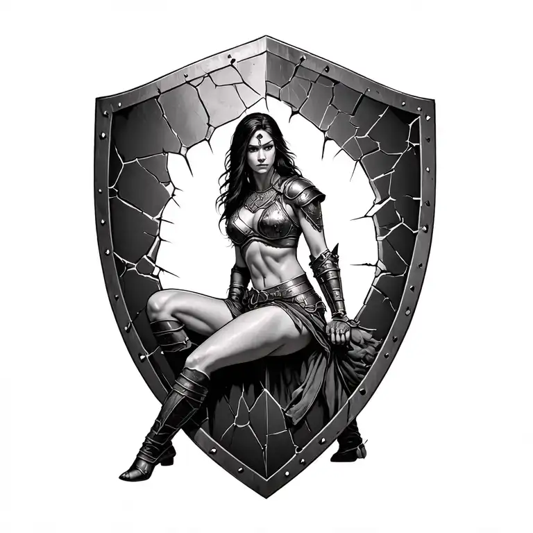 black and white spartin woman warrior sitting on a cracked battle shield tattoo design idea