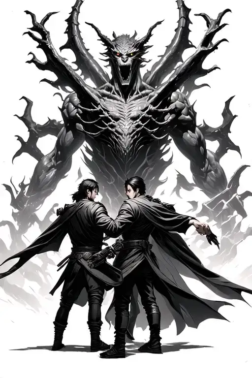 kirito and sung jin woo confronting each other with the demonic statue from solo leveling in the background tattoo design idea