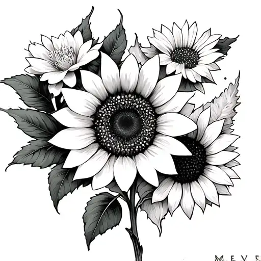 2 apple blossoms, a sunflower, and an indian blanket flower tattoo design idea