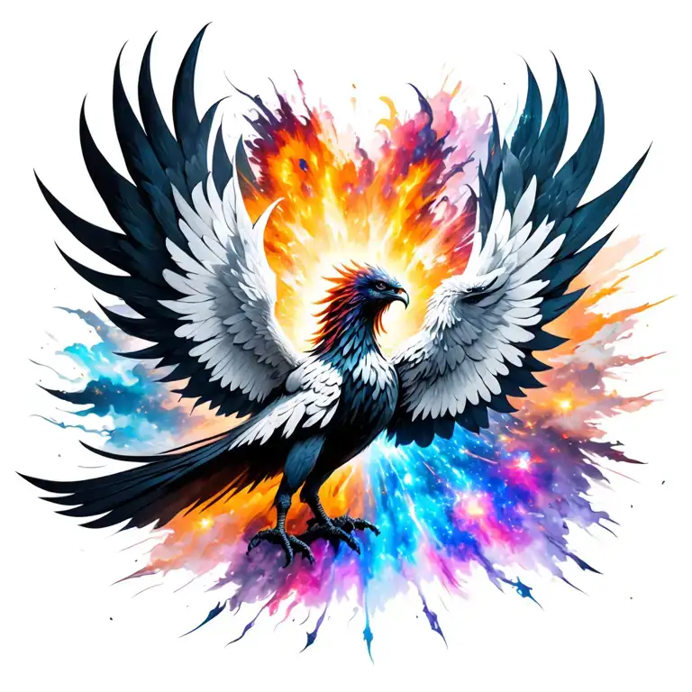 a centered black and white Phoenix exploding upwards out of a color galaxy tattoo design idea