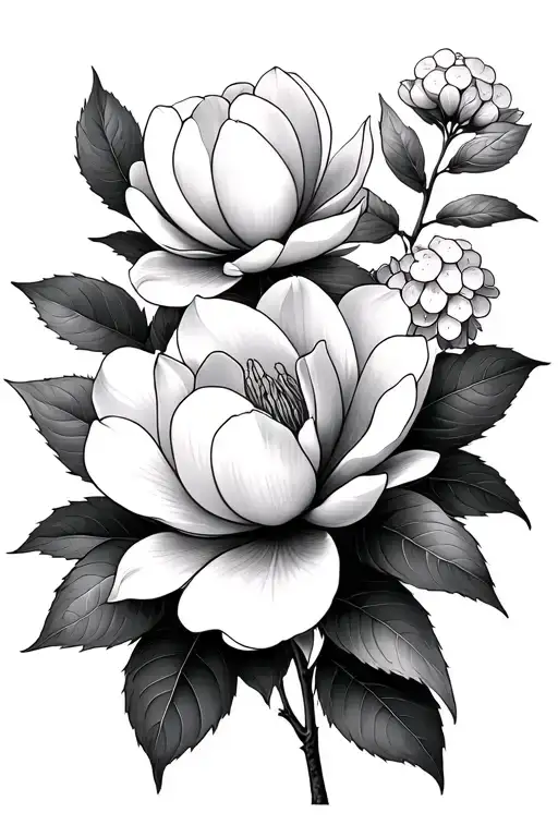 magnolia flower, hydrangeas and live oak tattoo design idea