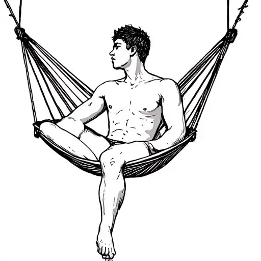 A drawing of a male in a hammock hanging in a well. Symbolic of ignoring problems tattoo design idea