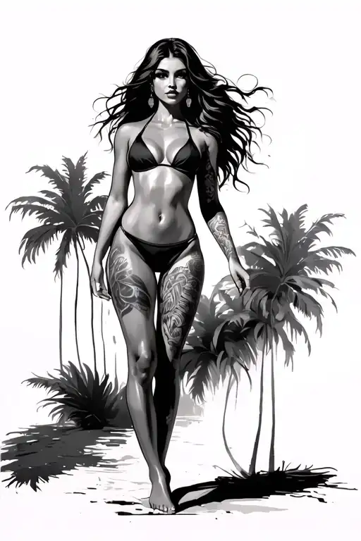 Sexy girl, petite, big boobs, wide hips, bikini . long hair,sexual. Seductive. Full Body, standing with legs and feet tattoo design idea