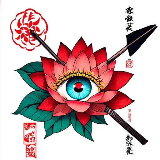 design a tradition japanese namakubi geshia with an arrow going thru one eye pinning it to a japanese lotus & a katanna  tattoo design idea