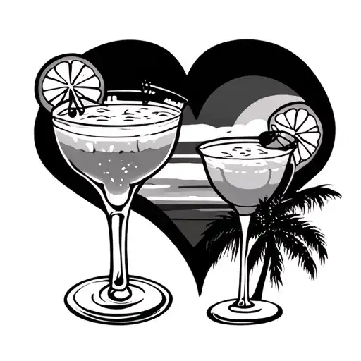 two margaritas in a heart with tropical sunset  tattoo design idea