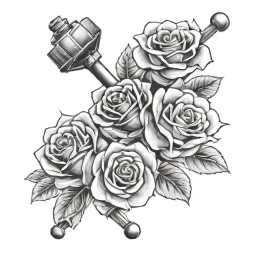 barbells, roses, pawprints tattoo design idea