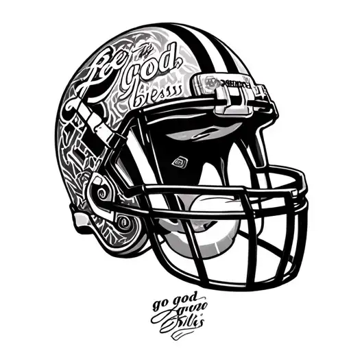 A detailed football helmet with the phrase 'Be good, do good' 'god bless' 'go bills'incorporated into the design tattoo design idea