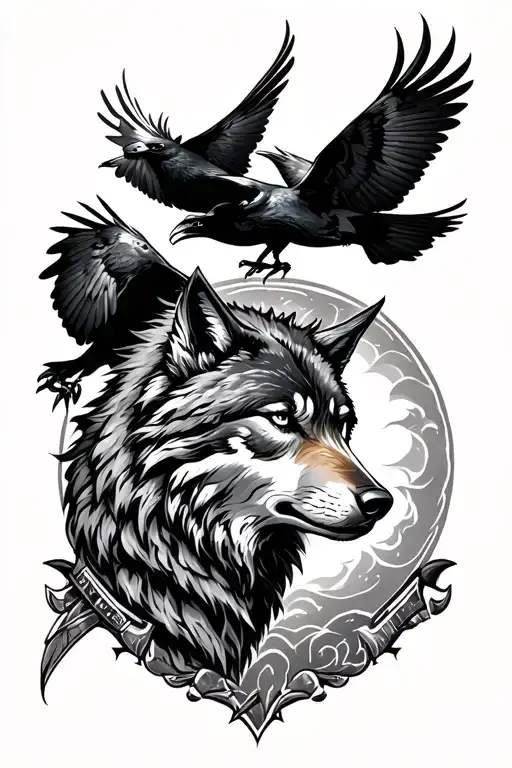 Viking sleeve featuring wolf and two crows flying tattoo design idea