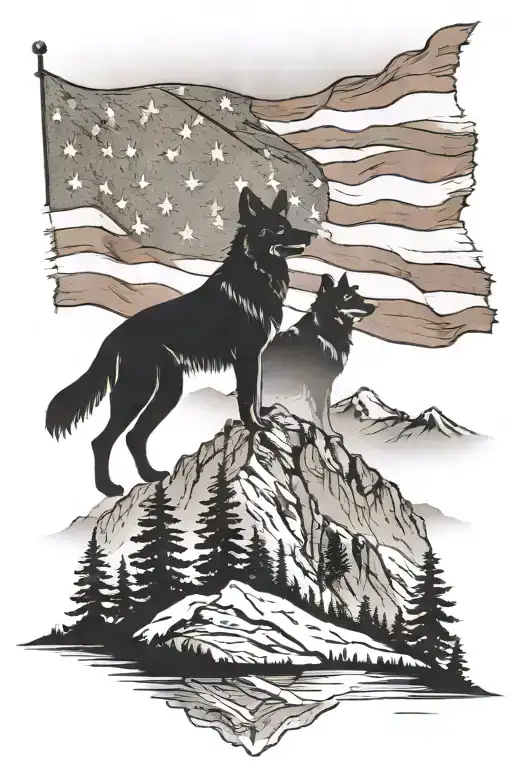 A silhouette german shepherd and border collie standing together on a mountain peak American flag waving say "diabetes" tattoo design idea