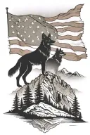 A silhouette german shepherd and border collie standing together on a mountain peak American flag waving say "diabetes" tattoo design idea