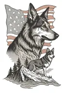 A silhouette german shepherd and border collie standing together on a mountain peak American flag waving say "diabetes" tattoo design idea