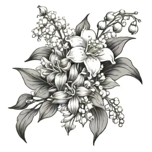 bouquet of lily of the valley, marigold, aster flowers  tattoo design idea