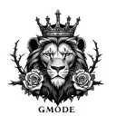a half dead half alive lion with a crown with roses and thorn all around it and the words GMODE at the bottom  tattoo design idea