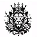 a half dead half alive lion with a crown with roses and thorn all around it and the words GMODE at the bottom  tattoo design idea