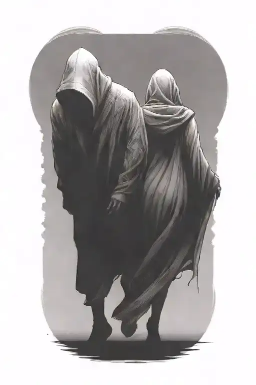 a woman and a huge hooded beast walking away together tattoo design idea