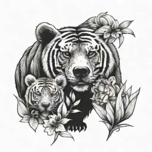 bear and two cubs + tiger lily flower tattoo design idea