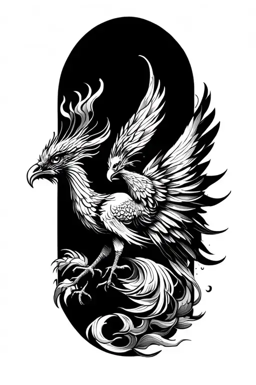 Black and white tattoo design of a majestic phoenix in profile (side view), captured in a dynamic pose — not static — wi tattoo design idea