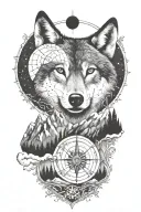 wolf, compass, crescent moon, mountain range tattoo design idea