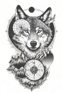 wolf, compass, crescent moon, mountain range tattoo design idea