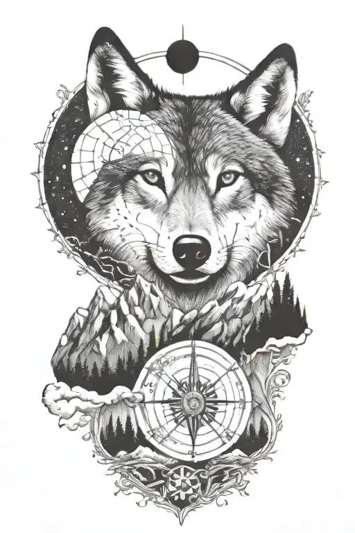 wolf, compass, crescent moon, mountain range tattoo design idea