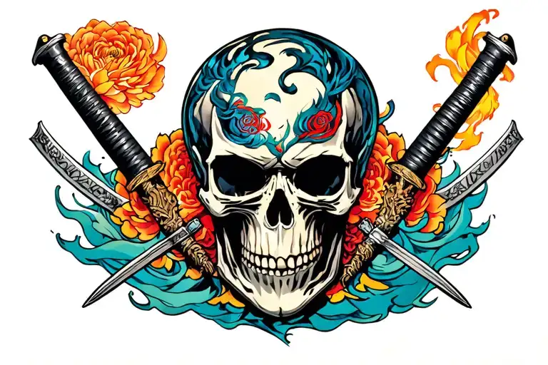 Ghost Rider Skull with Katans in the  tattoo design idea