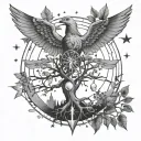 esoteric tattoo. kandalini. dopamine. serotonin. phoenix constellation. wings of vona. guiding star. DNA. tree roots. tattoo design idea