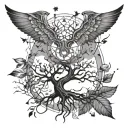 esoteric tattoo. kandalini. dopamine. serotonin. phoenix constellation. wings of vona. guiding star. DNA. tree roots. tattoo design idea