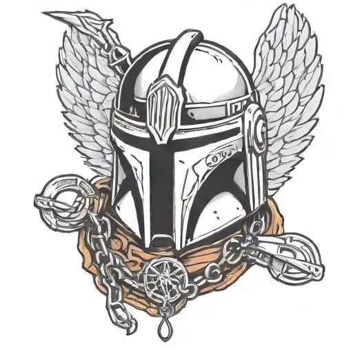 Mandalorian helmet with valkyrie wings and mjolnir on a chain tattoo design idea