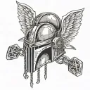 Mandalorian helmet with valkyrie wings and mjolnir on a chain tattoo design idea