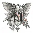 Mandalorian helmet with valkyrie wings and mjolnir on a chain tattoo design idea