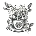 A coffee cup morphing into a flock of birds flying towards a Celtic bookshelf tattoo design idea