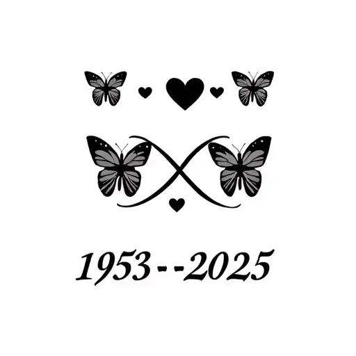 "1953-2025" infinity symbol three butterflies with five small hearts (arked tattoo design idea