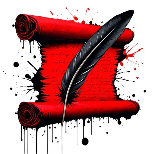 scroll of paper and feather quill pen writing tattoo design idea