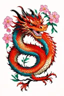 Traditional Japanese Yakuza tattoo design featuring a red dragon coiled around the arm, surrounded by cherry blossoms an tattoo design idea