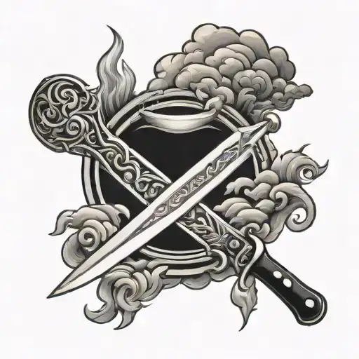 CROSSED CHEF KNIVES IN FRONT OF FIERY OCEAN WITH DARK CLOUDS IN tattoo design idea