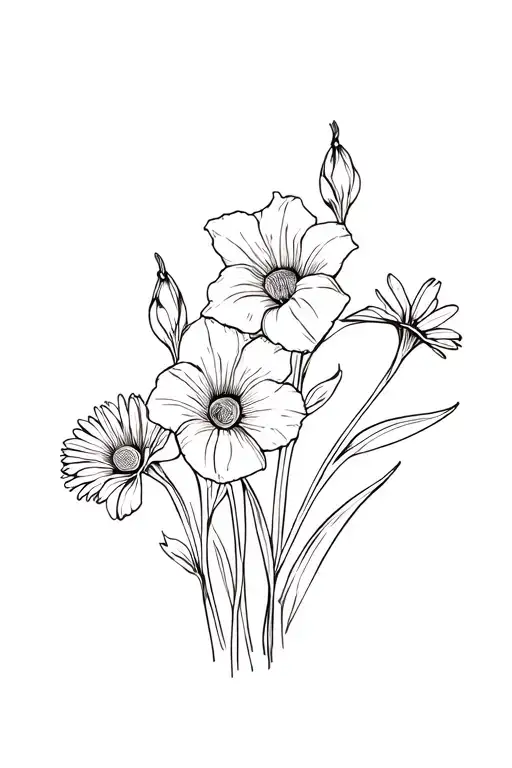 Gladiolus, Poppy, Aster, Morning Glory flowers intertwined tattoo design idea
