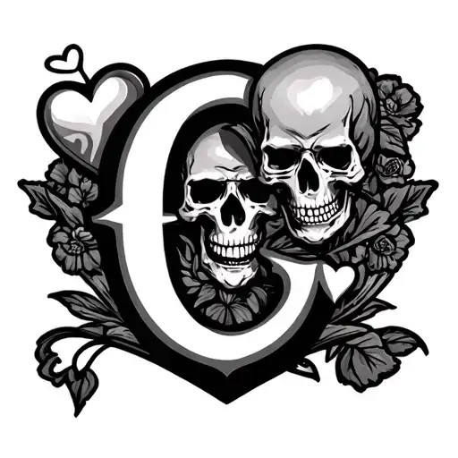 initial GC with skulls and hearts in old English  tattoo design idea