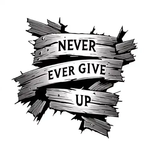 an inscription under the cracked boards NEVER EVER GIVE UP tattoo design idea