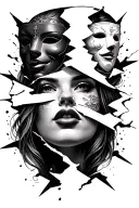 Full leg tattoo with masks breaking and a womans face appearing the masks will be one happy and one sad face and the wor tattoo design idea