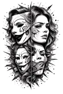 Full leg tattoo with masks breaking and a womans face appearing the masks will be one happy and one sad face and the wor tattoo design idea