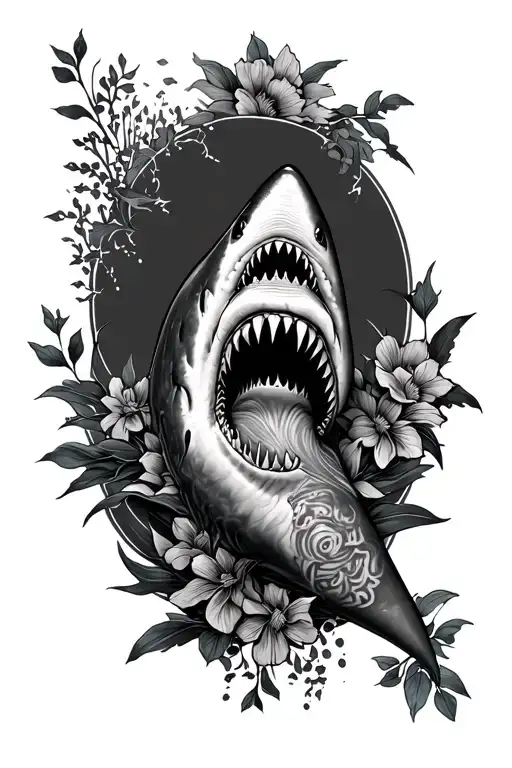 full leg sleeve tattoo with ocean/floral features and a shark jaw on the knee  tattoo design idea