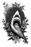 full leg sleeve tattoo with ocean/floral features and a shark jaw on the knee  tattoo design idea
