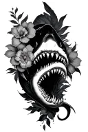 full leg sleeve tattoo with ocean/floral features and a shark jaw on the knee  tattoo design idea