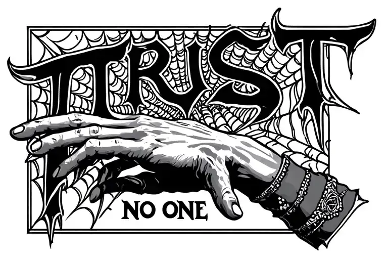 Above the inscription trust no one from below the hand presses the hand on one of the hands of the cobweb and the drawin tattoo design idea