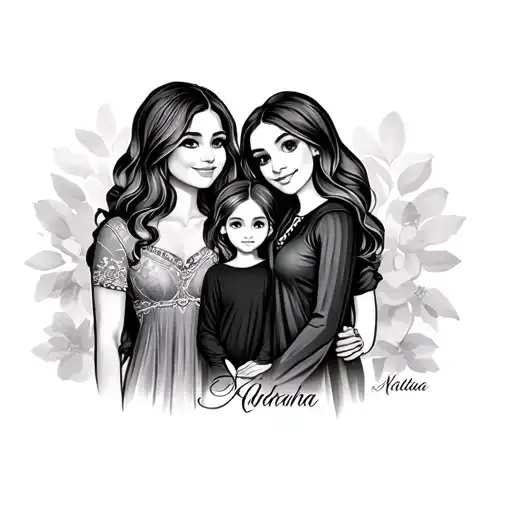 Familly with name writen wife Adriana and doughters Rebeca and Natalia tattoo design idea