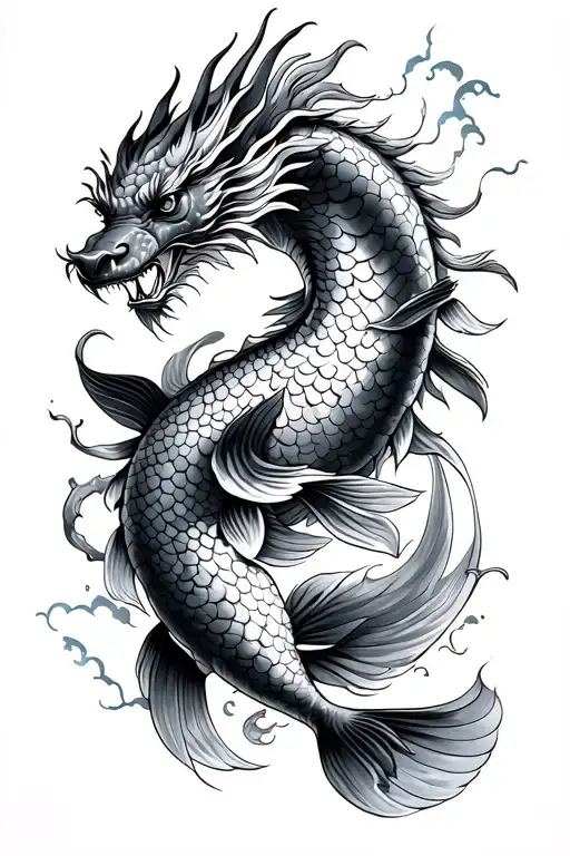a chinese dragon wrapped around a koi fish swimming upstream tattoo design idea