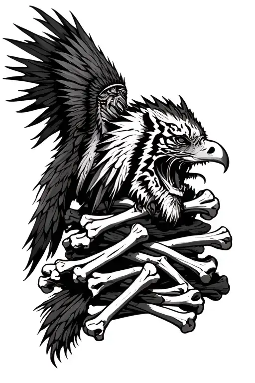 stacked tattoo of a faceless reaper, dragon, mohawk indian, tiger head, eagle, over a stack of bones tattoo design idea