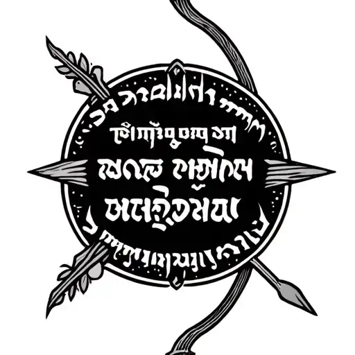 right forearm arm band lines designed a bow and arrow in middle with Sanskrit quote written in it tattoo design idea