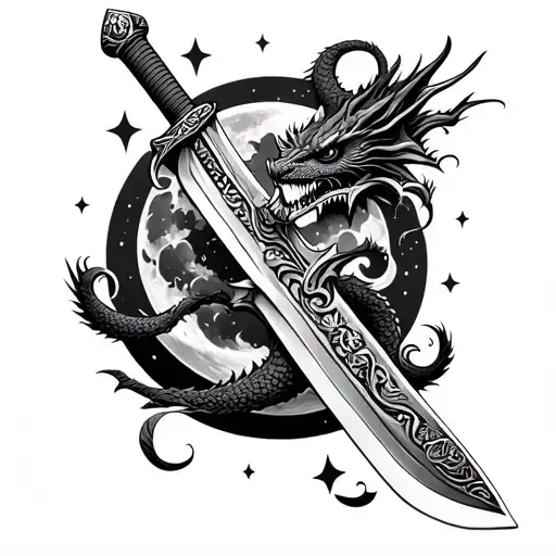 filipino sword with the bakunawa(the moon eater dragon) wrapped around it and moon upbove with stars surrounding  tattoo design idea